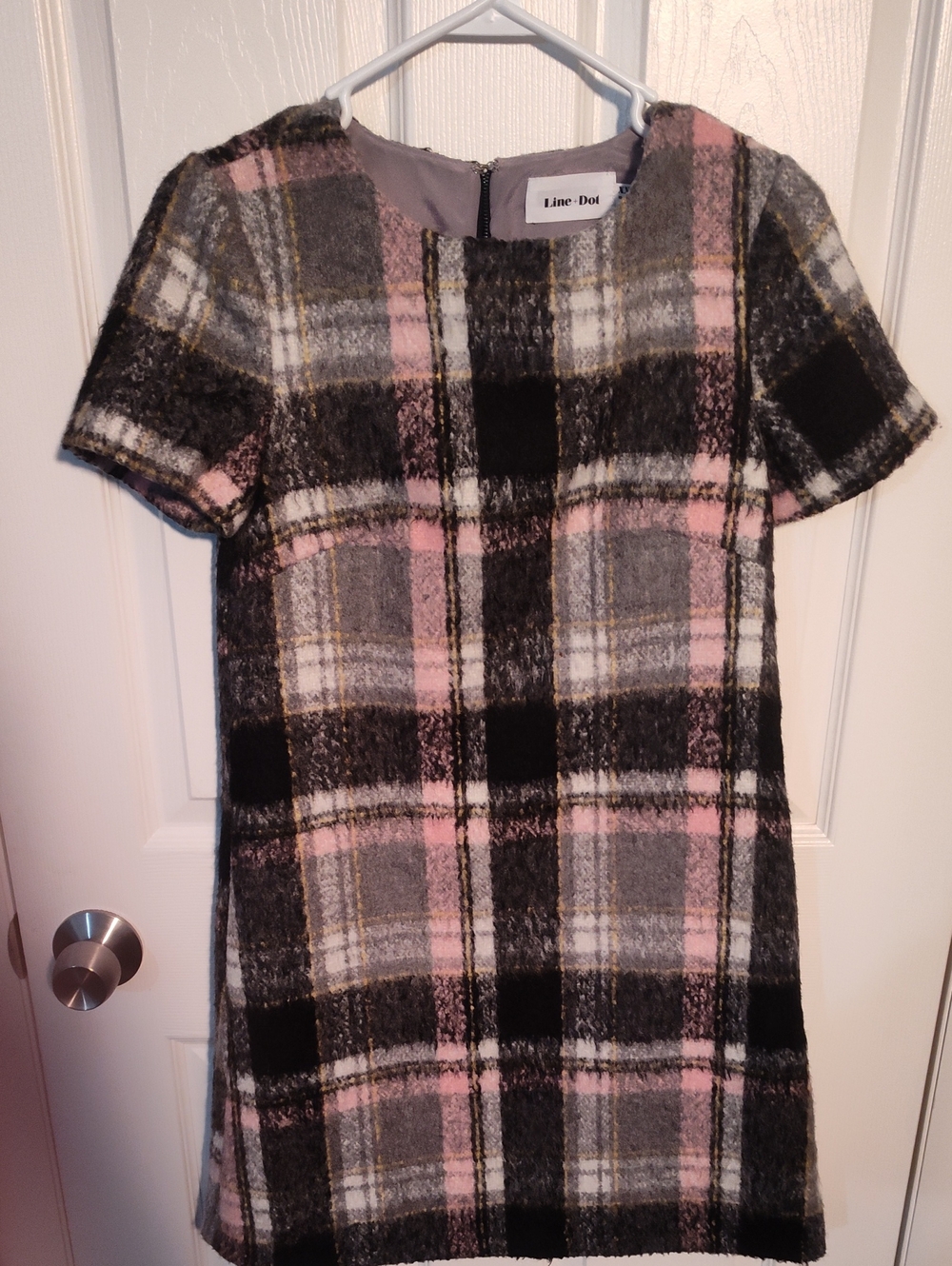 Line & Dot Pink, Gray & Black Plaid Short-Sleeve Shift Dress